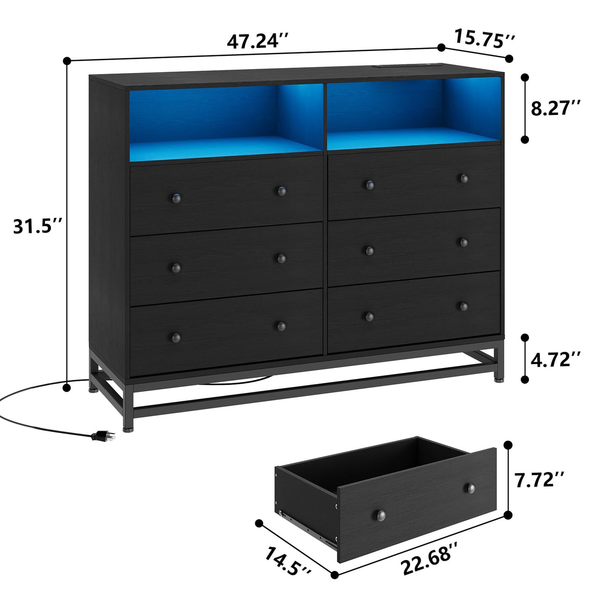 Jojoka Wide Dresser for Bedroom with Charging Station, 6 Drawer Dresser with LED Lights, Modern Large Capacity Storage Cabinet, Wood Dressers & Chests of Drawers Closet,Black Jojoka