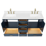 ARIEL Cambridge 72" Midnight Blue Double Vanity, 1.5" Edge Carrara White Quartz Countertop & Splash, Rectangular Sinks, 4 Soft Closing Doors, 6 Full Extension Dovetail Drawers, Satin Brass ARIEL