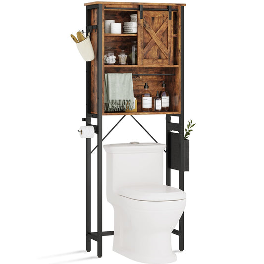 Itaar Over The Toilet Storage Cabinet, Farmhouse Over Toilet Bathroom Organizer, 4-Tier Bathroom Shelves Over Toilet, Over Toilet Storage with Storage Bag and Hooks, Rustic Brown - WoodArtSupply