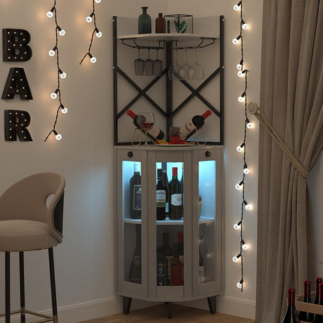 COCO DESIGN Corner Wine Cabinet with Locking Door, Lockable Liquor Bar Cabinet with Light, Whiskey Bar with Glass Door Storage for Home Kitchen, Farmhouse, 2 Glass Holders & 2 Wine Holders, Gray COCO DESIGN