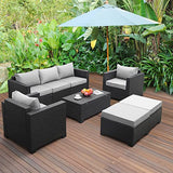Patio Wicker Furniture Set 6 Pieces Outdoor PE Rattan Conversation Couch Sectional Chair Sofa Set with Grey Cushion Rattaner