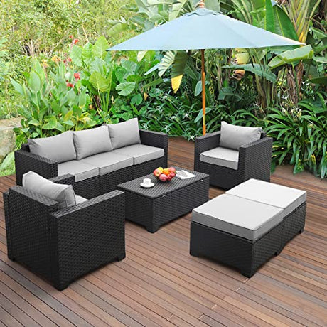 Patio Wicker Furniture Set 6 Pieces Outdoor PE Rattan Conversation Couch Sectional Chair Sofa Set with Grey Cushion Rattaner