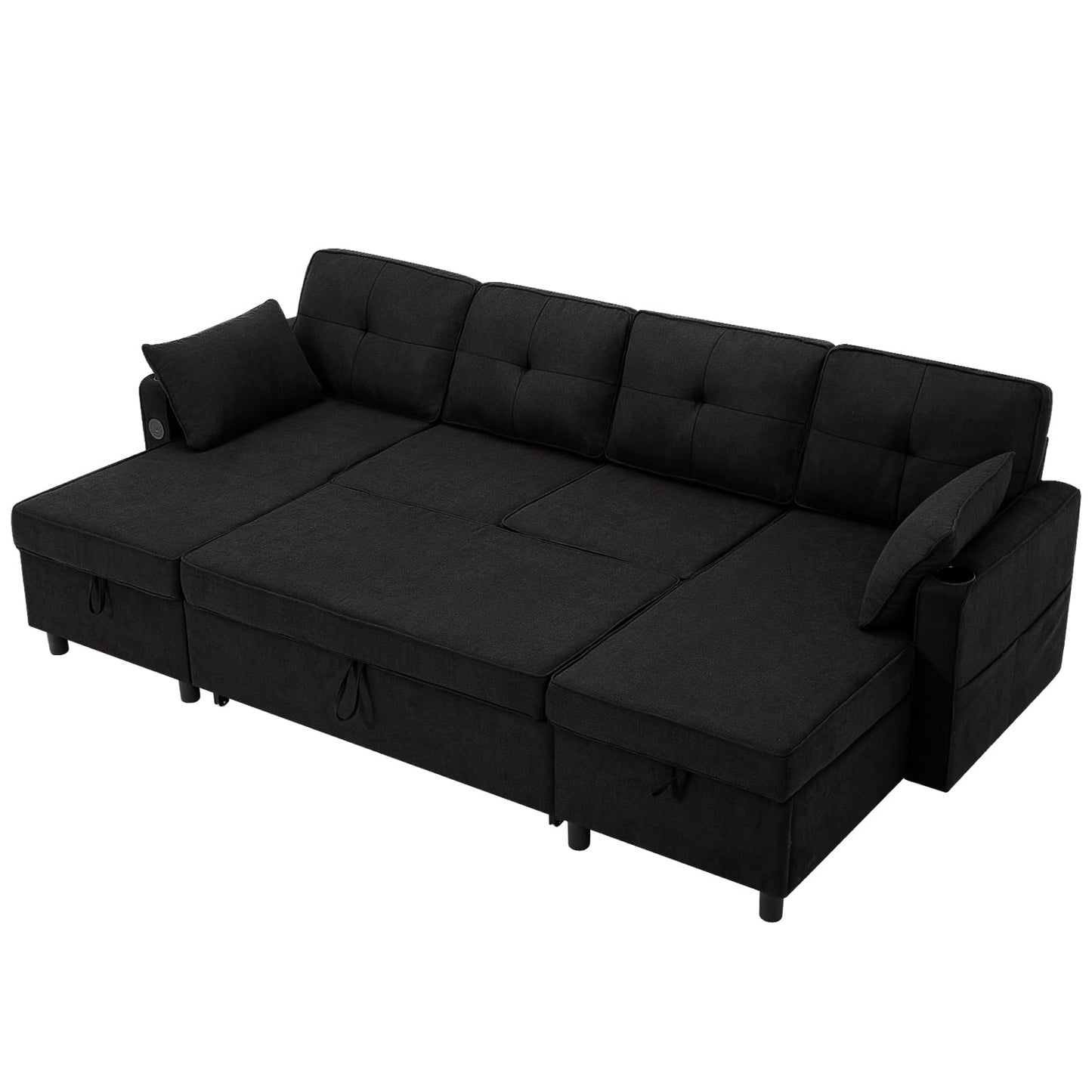 ACMEASE 108" U-Shaped Pull Out Sofa Bed w/Two Storage Chaises, Tufted Sectional Sofa w/USB Port, Fabric Sleeper Couch w/Cup Holders for Living Room, Black