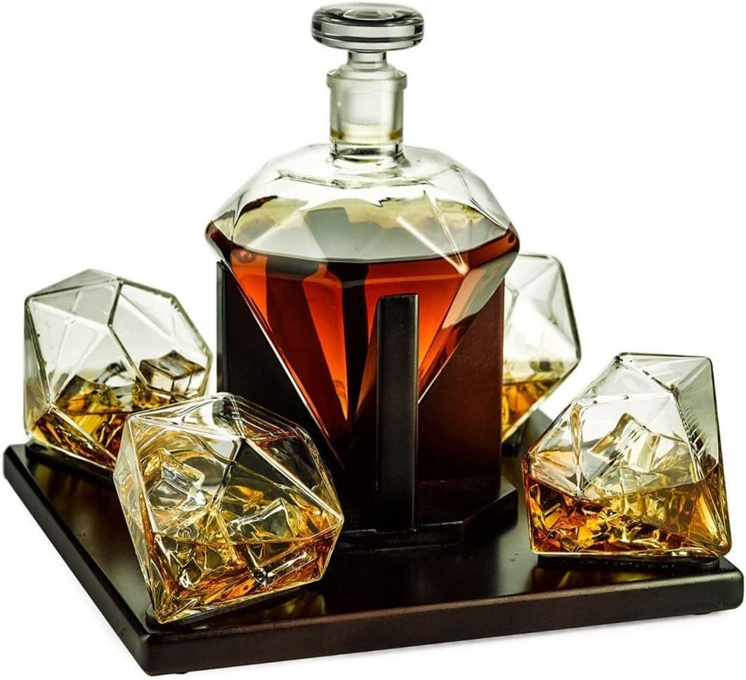 The Wine Savant Diamond Whiskey & Wine Decanter Set - 750ml With 4 Diamond Glasses and Beautiful Mahogany Wooden Holder Liquor, Scotch, Rum, Bourbon, Vodka, Tequila Tray Whiskey Gifts for Men & Women The Wine Savant