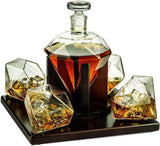 The Wine Savant Diamond Whiskey & Wine Decanter Set - 750ml With 4 Diamond Glasses and Beautiful Mahogany Wooden Holder Liquor, Scotch, Rum, Bourbon, Vodka, Tequila Tray Whiskey Gifts for Men & Women The Wine Savant
