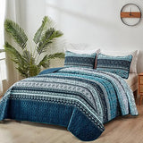 WONGS BEDDING Boho Queen Quilt Set, Blue Bohemian Queen Quilt Bedding Set, Lightweight Microfiber Bed Decor Bedspread for All Season 96"x90"(3 Pieces) WONGS BEDDING