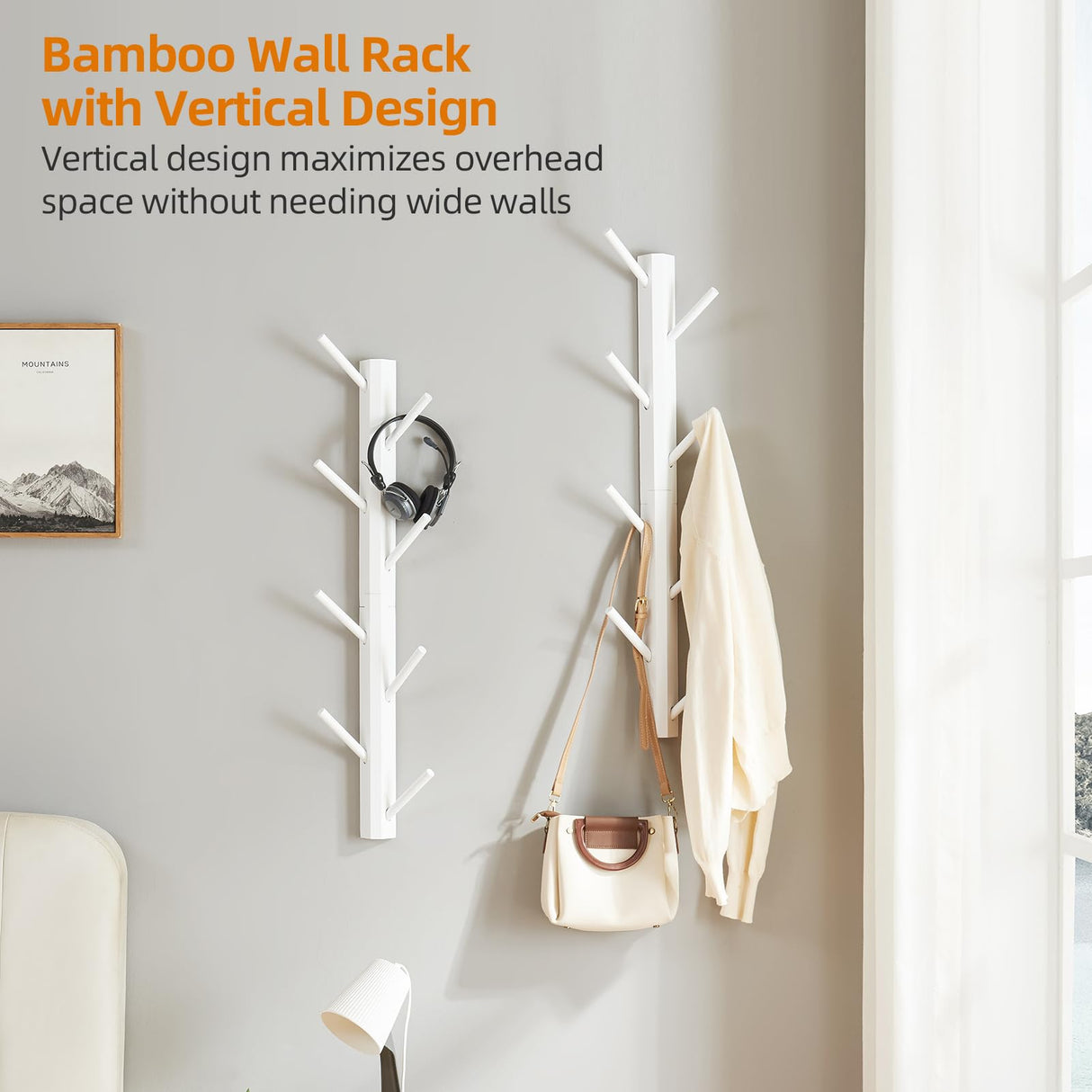 TIOPGHAD 2 Pack Coat Rack Vertical Wall Mount, Bamboo Coats Hooks Clothes Holder Hanger for Wall Coat Hat Jacket Clothing Bathroom Robes Mudroom Entryway(White) TIOPGHAD