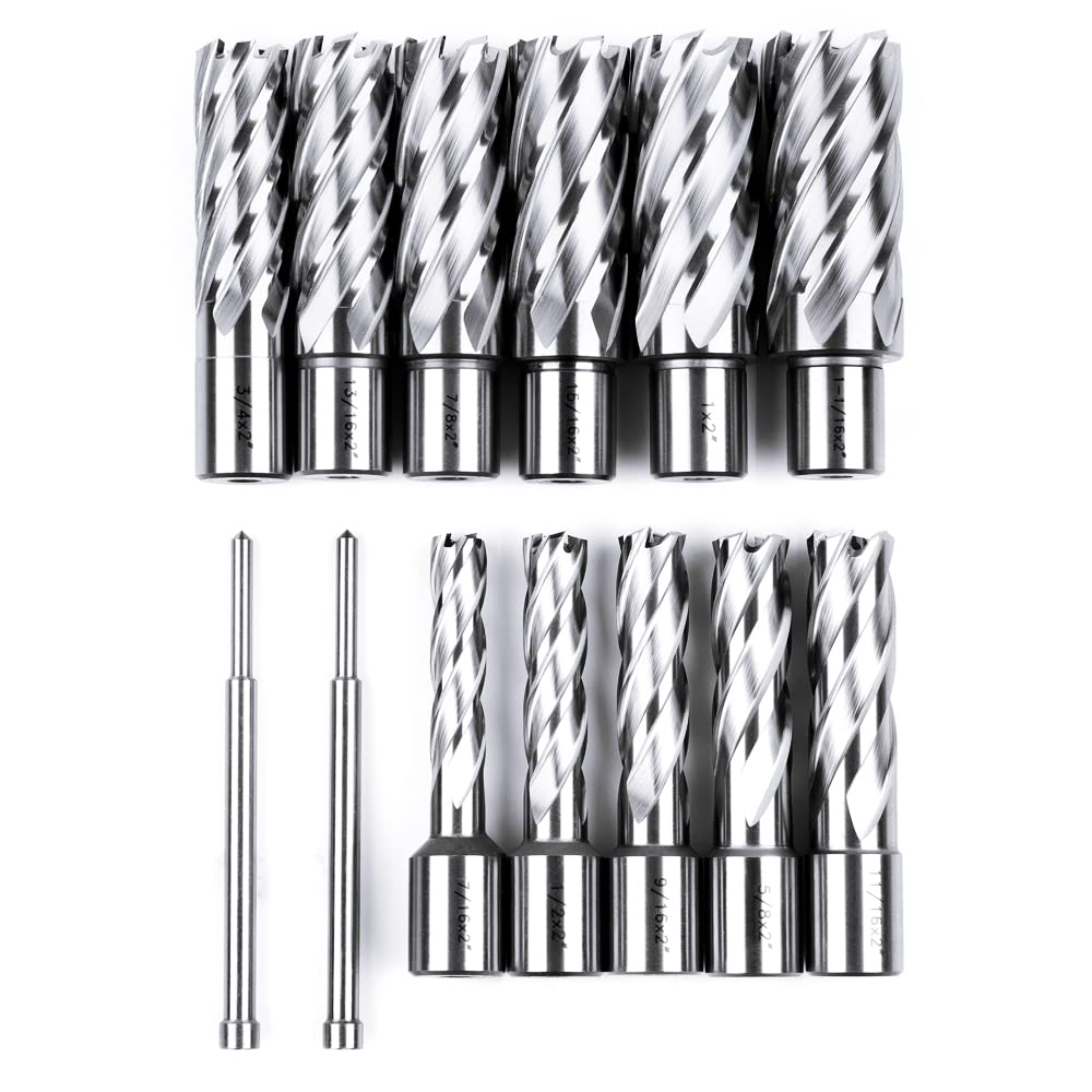 OSCARBIDE Annular Cutter Set 13pieces,2"Cutting Depth,3/4"Weldon Shank and 7/16 to 1-1/16 inch Cutting Diameter Mag Drill Bits for Magnetic Drill Press with 2pcs Pilot Pins OSCARBIDE