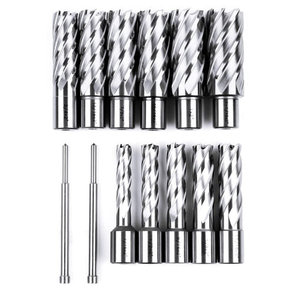 OSCARBIDE Annular Cutter Set 13pieces,2"Cutting Depth,3/4"Weldon Shank and 7/16 to 1-1/16 inch Cutting Diameter Mag Drill Bits for Magnetic Drill Press with 2pcs Pilot Pins - WoodArtSupply