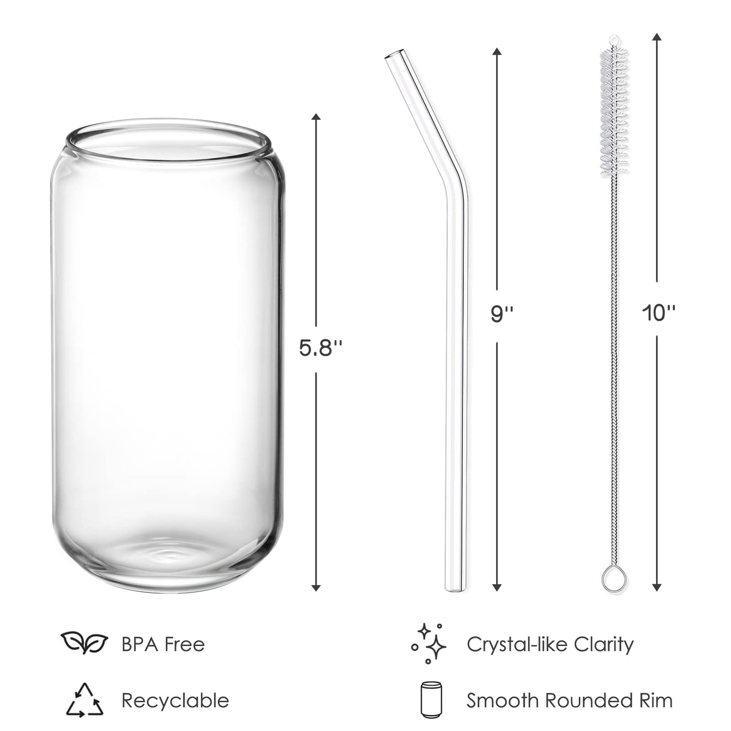 NETANY Drinking Glasses with Glass Straw 4pcs Set - 16oz Highball Glass Cups, Beer Glasses, Iced Coffee Glasses, Cute Tumbler Cup, Ideal for Whiskey, Soda, Tea, Water, Gift, 2 Brushes