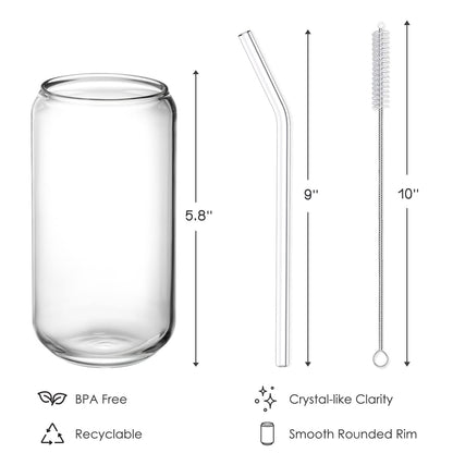 NETANY Drinking Glasses with Glass Straw 4pcs Set - 16oz Highball Glass Cups, Beer Glasses, Iced Coffee Glasses, Cute Tumbler Cup, Ideal for Whiskey, Soda, Tea, Water, Gift, 2 Brushes