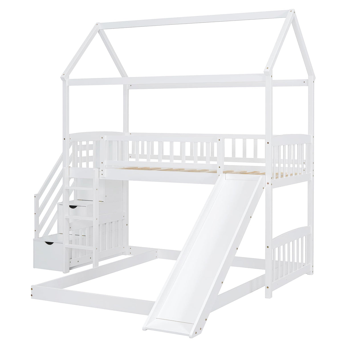 Bunk Bed with Slide, House Bunk Beds Twin Over Full Stairway Bunk Beds Playhouse Bunkbed with Storage for Kids Toddlers Girls/Boys, White Bellemave