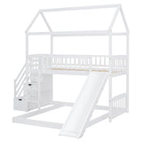 Bunk Bed with Slide, House Bunk Beds Twin Over Full Stairway Bunk Beds Playhouse Bunkbed with Storage for Kids Toddlers Girls/Boys, White Bellemave
