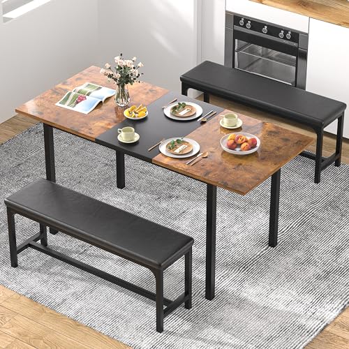 VECELO 3-Piece 63" Extendable Kitchen Table with Benches/Chairs, Modern Breakfast Dinette/Dining Room Set for 4/6/2, Small Space Saving Design, Easy Assembly VECELO
