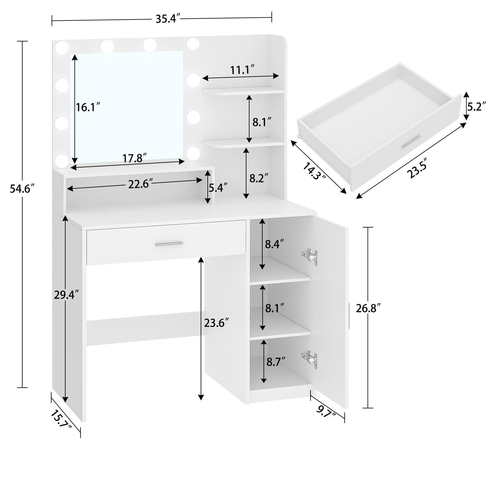 Quimoo Makeup Vanity Desk with Mirror and Lights, Vanity Desk with Large Drawer & Shelves & Cabinet, 3 Color Modes & Adjustable Brightness, Dressing Table Set for Bedroom,White - WoodArtSupply