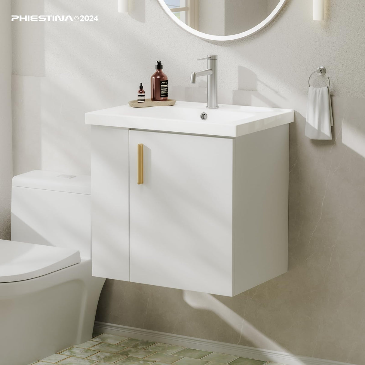 phiestina Pre-Assembled 20 Inch White Floating Small Bathroom Vanity, Wall Mounted Cabinet with Sink, Left Side Storage, Soft-Close Door, Modern Space-Saving Design, No Faucet, BV04-20-WHITE-PLUS phiestina