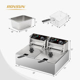 ROVSUN 22.8QT/21.6L Electric Deep Fryer, Countertop Commercial Stainless Steel Dual Tank Kitchen Fat Fryer Frying Machine w/Baskets Lids for French Fries Donuts, Adjustable Temp, 3400W ROVSUN
