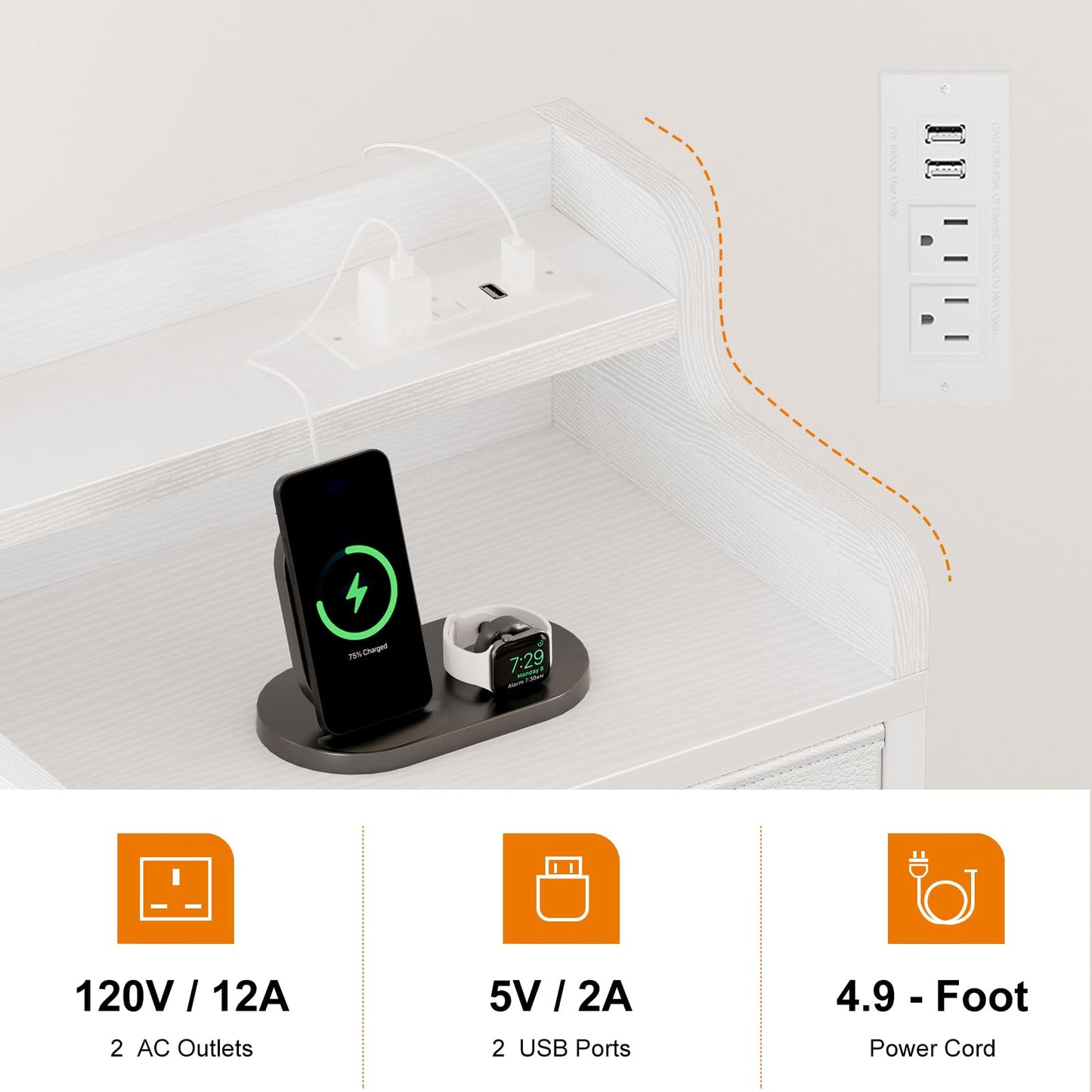 REAHOME 5 Drawer Dresser for Bedroom with Charging Station and LED Lights, White Chest of Drawers with with Shelves, Tall Night Stand with Sturdy Steel Frame & Wood Top for Bedroom - Leather White