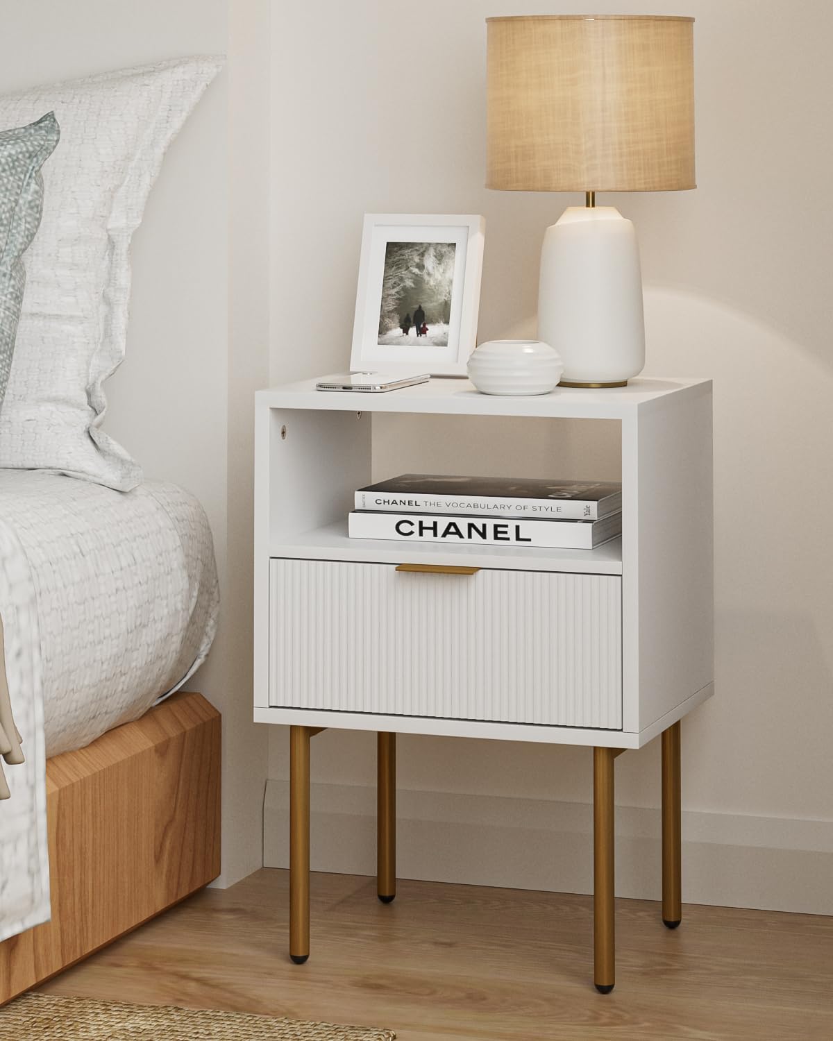 AEPOALUA Nightstand,Modern Bedside Table with Gold Frame,White Night Stand,Bedside Furniture,Small End Table with Drawer and Shelf for Bedroom,Living Room AEPOALUA