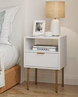 AEPOALUA Nightstand,Modern Bedside Table with Gold Frame,White Night Stand,Bedside Furniture,Small End Table with Drawer and Shelf for Bedroom,Living Room AEPOALUA