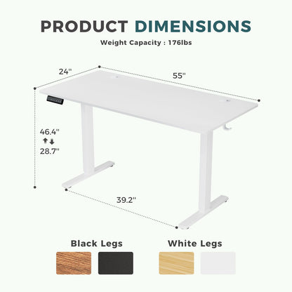 SMUG Standing Desk, 55x24 Inch Ergonomic Adjustable Height Electric Sit Stand Up Down Computer Table with Whole-Piece Desktop Board, Computer Workstation for Home Office, White(2 Packages)