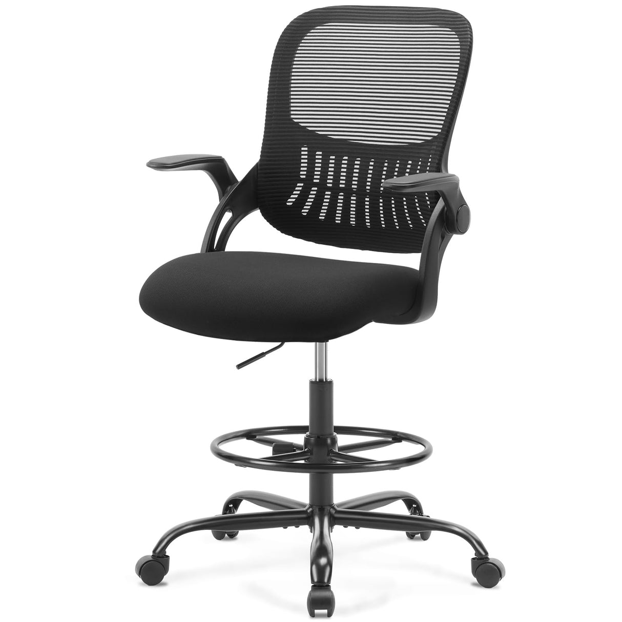 Sweetcrispy Tall Drafting Desk Chair - Ergonomic High Stool Computer with Adjustable Height and Comfy Lumbar Support, Office Rolling Counter for Standing Desk with Flip-up Arm and Footrest, Black Sweetcrispy