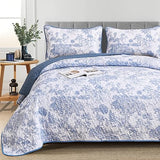 WONGS BEDDING Blue Quilt Set King Size, 3 Pieces Botanical Bedspreads Set Lightweight Microfiber Blue Toile Plants Pattern Coverlet Home Decor for All Seasons(104"×90") WONGS BEDDING