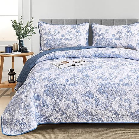 WONGS BEDDING Blue Quilt Set King Size, 3 Pieces Botanical Bedspreads Set Lightweight Microfiber Blue Toile Plants Pattern Coverlet Home Decor for All Seasons(104"×90") WONGS BEDDING