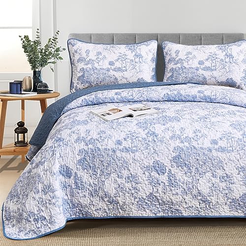 WONGS BEDDING Blue Quilt Set Queen Size, 3 Pieces Botanical Bedspreads Set Lightweight Microfiber Blue Toile Plants Pattern Coverlet Home Decor for All Seasons(96"×90") WONGS BEDDING