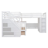 L-Shaped Bunk Bed for 4 Kids, Twin-Twin Over Full with 3 Drawers, Portable Desk and Wardrobe, Solid Wood Bedframe with Stairs and Full-Length Guardrails, No Box Spring Needed (White) BEDGJH