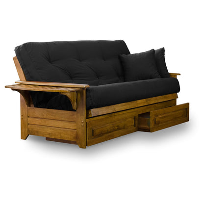 Nirvana Futons Brentwood Tray Arm Futon Frame, Drawers, and Black Mattress Set - Full, Rich Heritage Finish