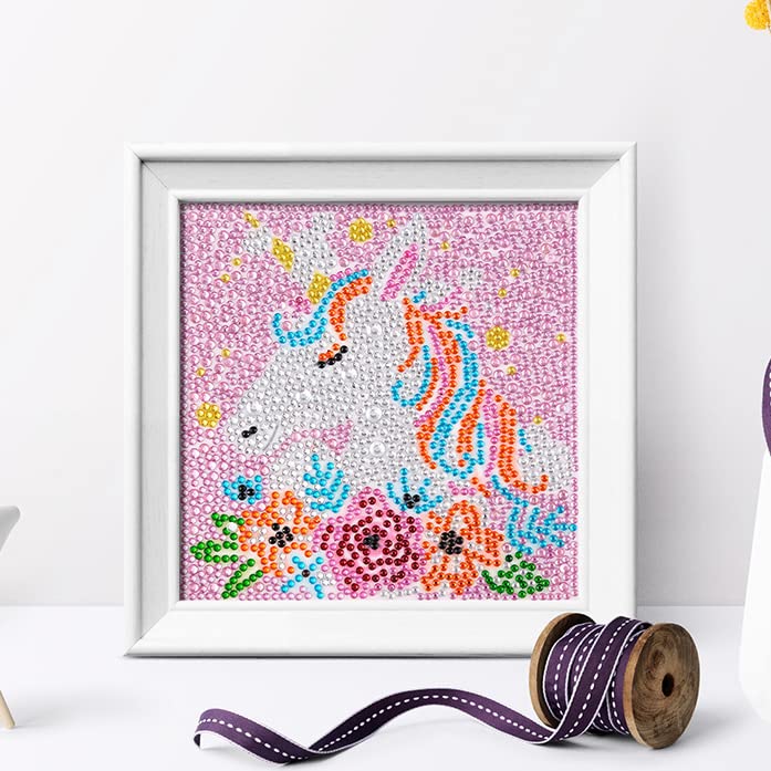 Cute Diamond Painting Kits Large 7x7 Natural Wooden Frame, Pre-Mounted Canvas, Sparkling Crystal Gems, Pen, Arts & Crafts Tray, Gum. Famous Characters, Unicorn USACRAFT