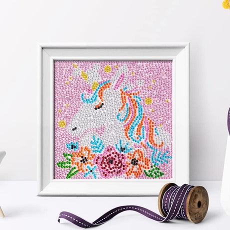 Cute Diamond Painting Kits Large 7x7 Natural Wooden Frame, Pre-Mounted Canvas, Sparkling Crystal Gems, Pen, Arts & Crafts Tray, Gum. Famous Characters, Unicorn USACRAFT