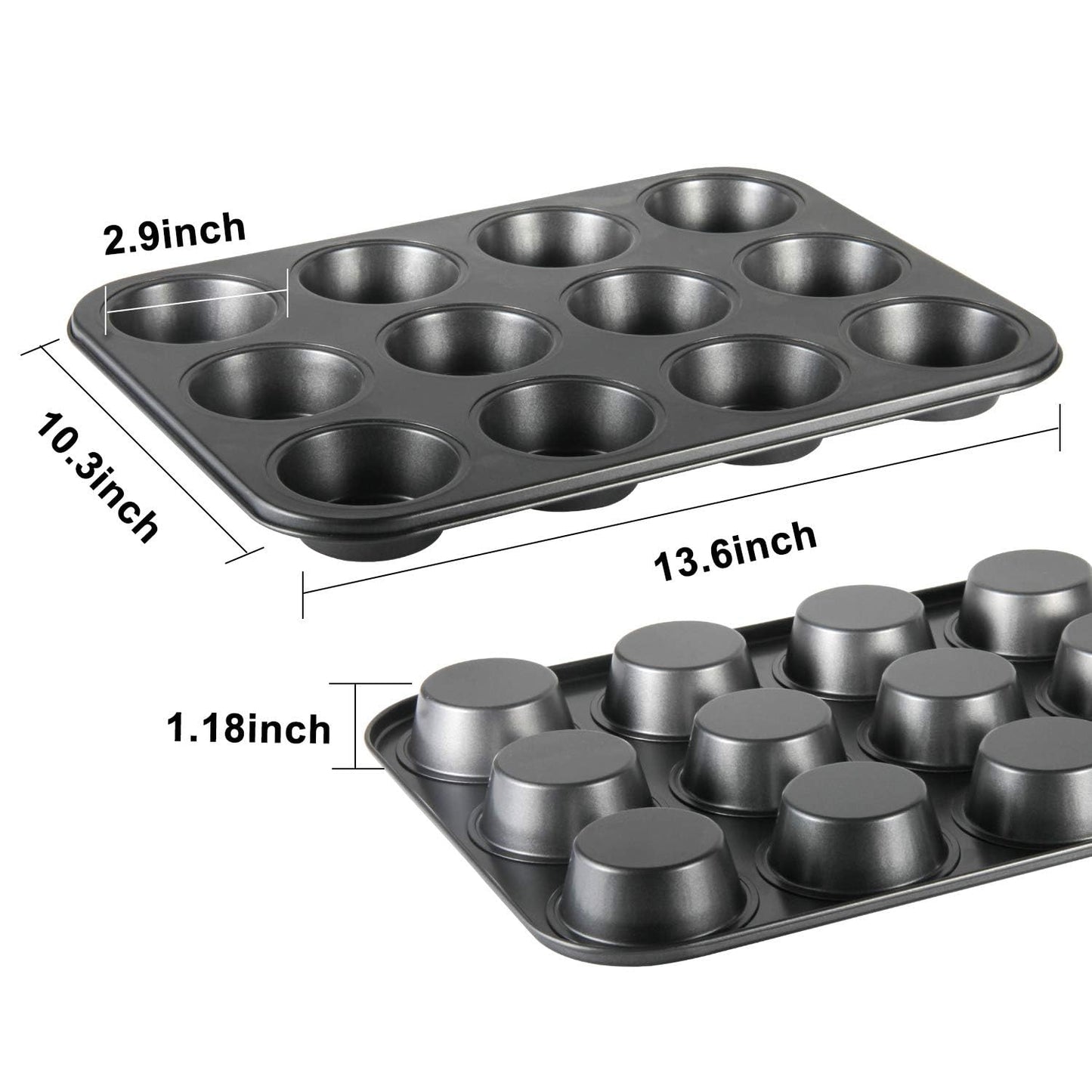 TAOUNOA Muffin Tin, 12-Well Nonstick Cupcake Pan Set of 2, Heavy Duty Steel Muffin Pan