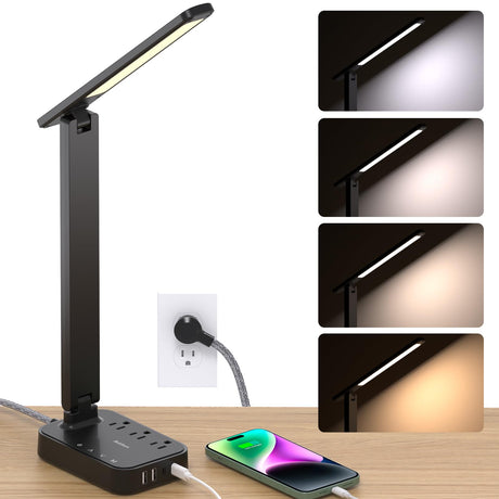 Addtam LED Desk Lamp, Power Strip with 3 Outlets 4 USB Charging Ports(2 USBC), 4 Modes 5 Level Brightness Touch Lamp, Small Desk Lamp for Home Office College Dorm Room Essentials Addtam
