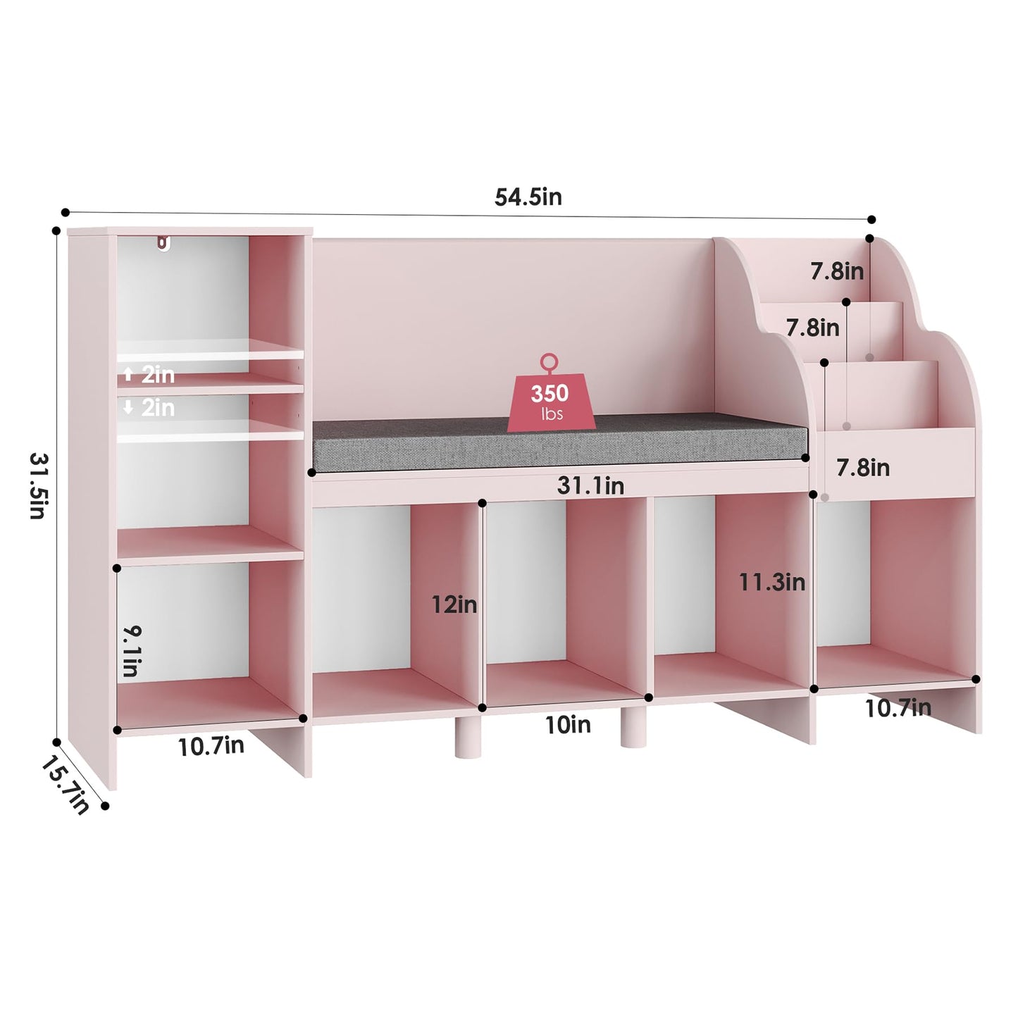 HOSTACK Pink Kids Reading Nook Bookshelf with Storage Cubbies and Bench - WoodArtSupply