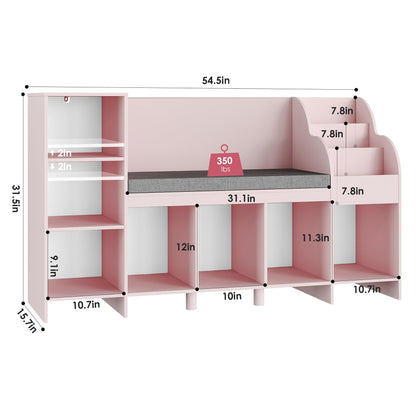 HOSTACK Pink Kids Reading Nook Bookshelf with Storage Cubbies and Bench - WoodArtSupply