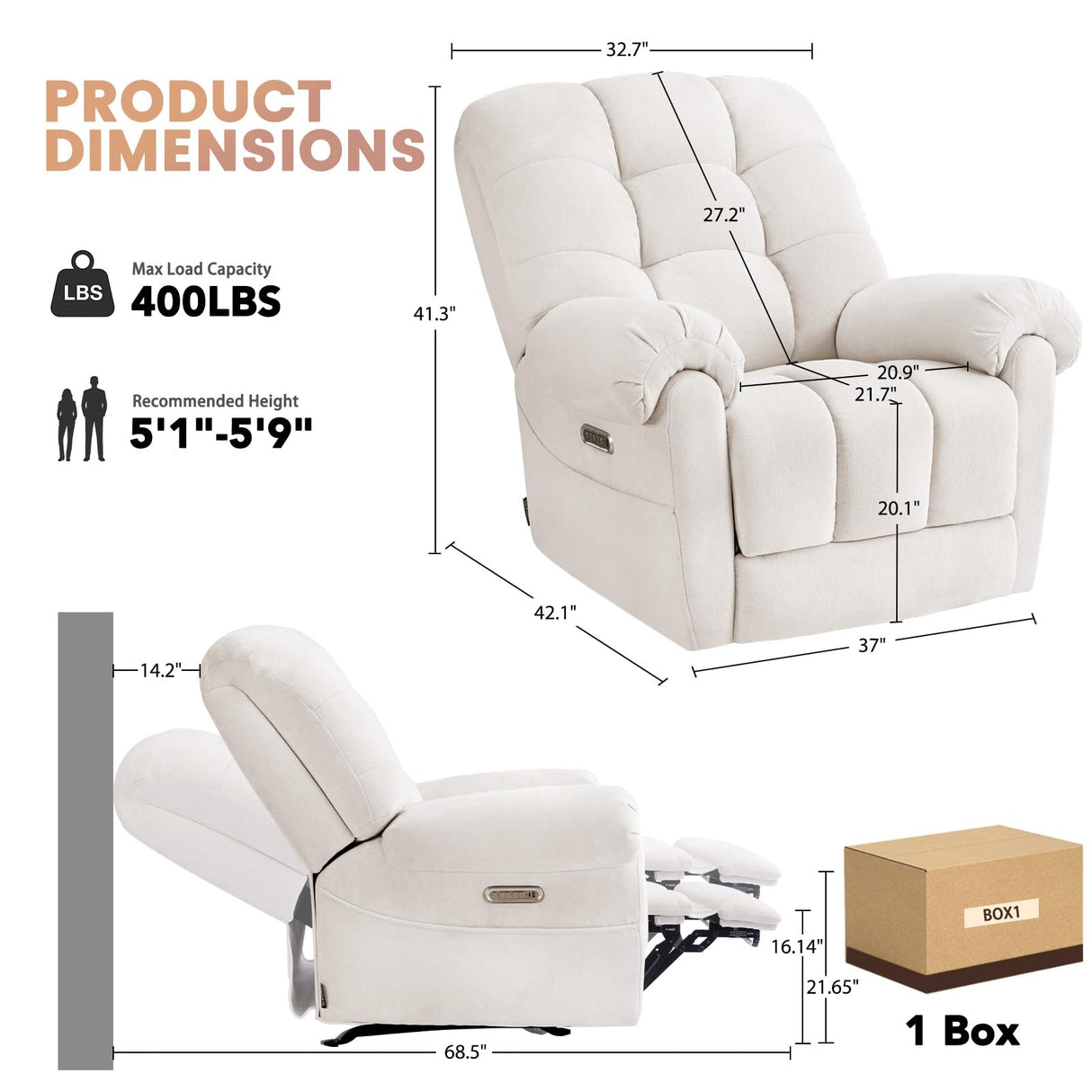 EONIX Mordern Massage Rocker Recliner Chair, Dual Motor Power Rocking Recliners for Small Spaces, Lazy Boy Recliner Chair with Heat and Massage for Living Room, Bedroom, Study, Pearl White EONIX
