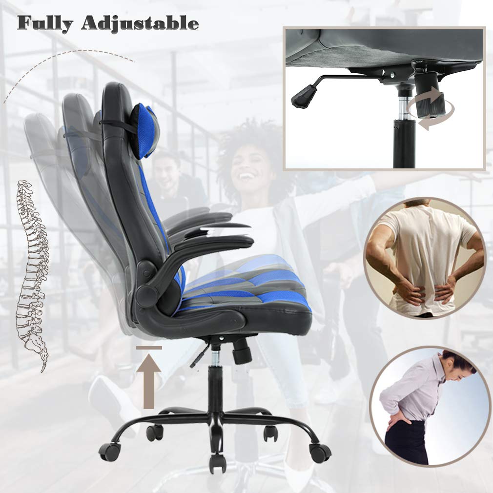 Gaming Chair Office Chair Desk Chair with Lumbar Support Flip Up Arms Headrest PU Leather Swivel Rolling Adjustable High Back Racing Computer Chair for Women Men Adults,Blue BestOffice
