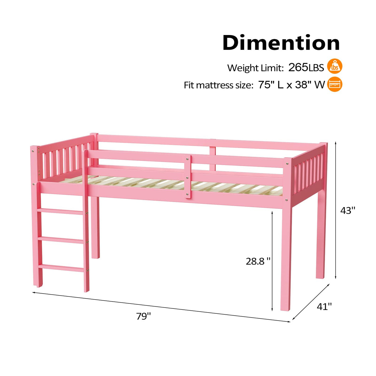 JOYMOR Low Loft Bed Twin Size with Stairs, Wooden Toddler Loft Bed for Kids, Junior，Young Teens，Pine Wood Twin Bed Frame, Space-Saving Design, No Box Spring Needed, Pink JOYMOR