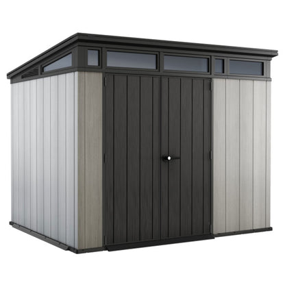 Keter Artisan 9 x 7 Foot Large Modern Design Outdoor Shed Durable Resin Backyard Furniture for Lawn Equipment, Bikes, and Gardening Tools, Gray/Black - WoodArtSupply