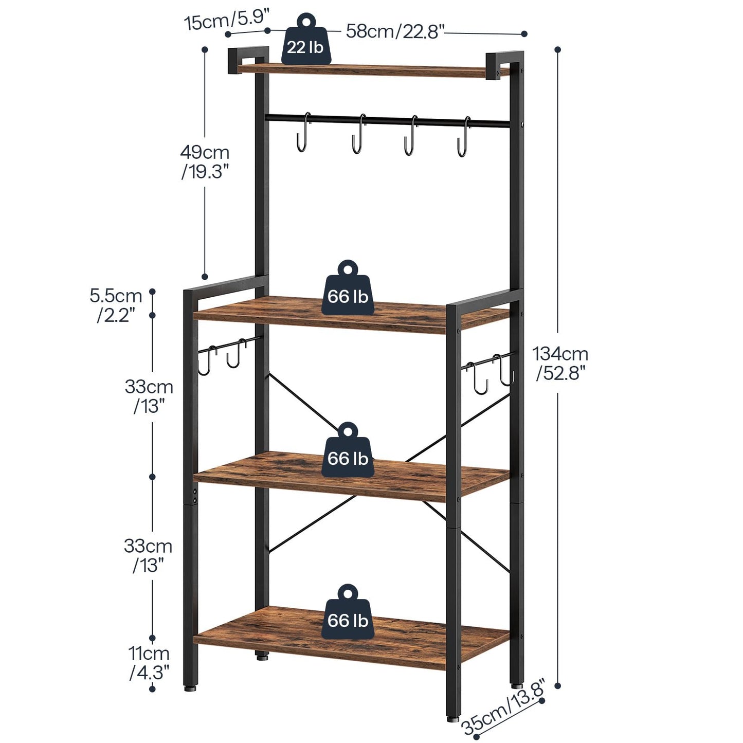 HOOBRO Bakers Rack for Kitchen with Storage, 4 Tier Microwave Stand, Multifunctional Baker's Rack with 8 Hooks, Wooden Kitchen Storage Shelf, Stable Metal Frame, Easy Assembly, Rustic Brown BF04HB01