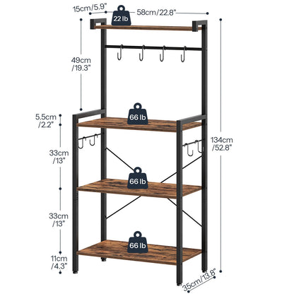 HOOBRO Bakers Rack for Kitchen with Storage, 4 Tier Microwave Stand, Multifunctional Baker's Rack with 8 Hooks, Wooden Kitchen Storage Shelf, Stable Metal Frame, Easy Assembly, Rustic Brown BF04HB01