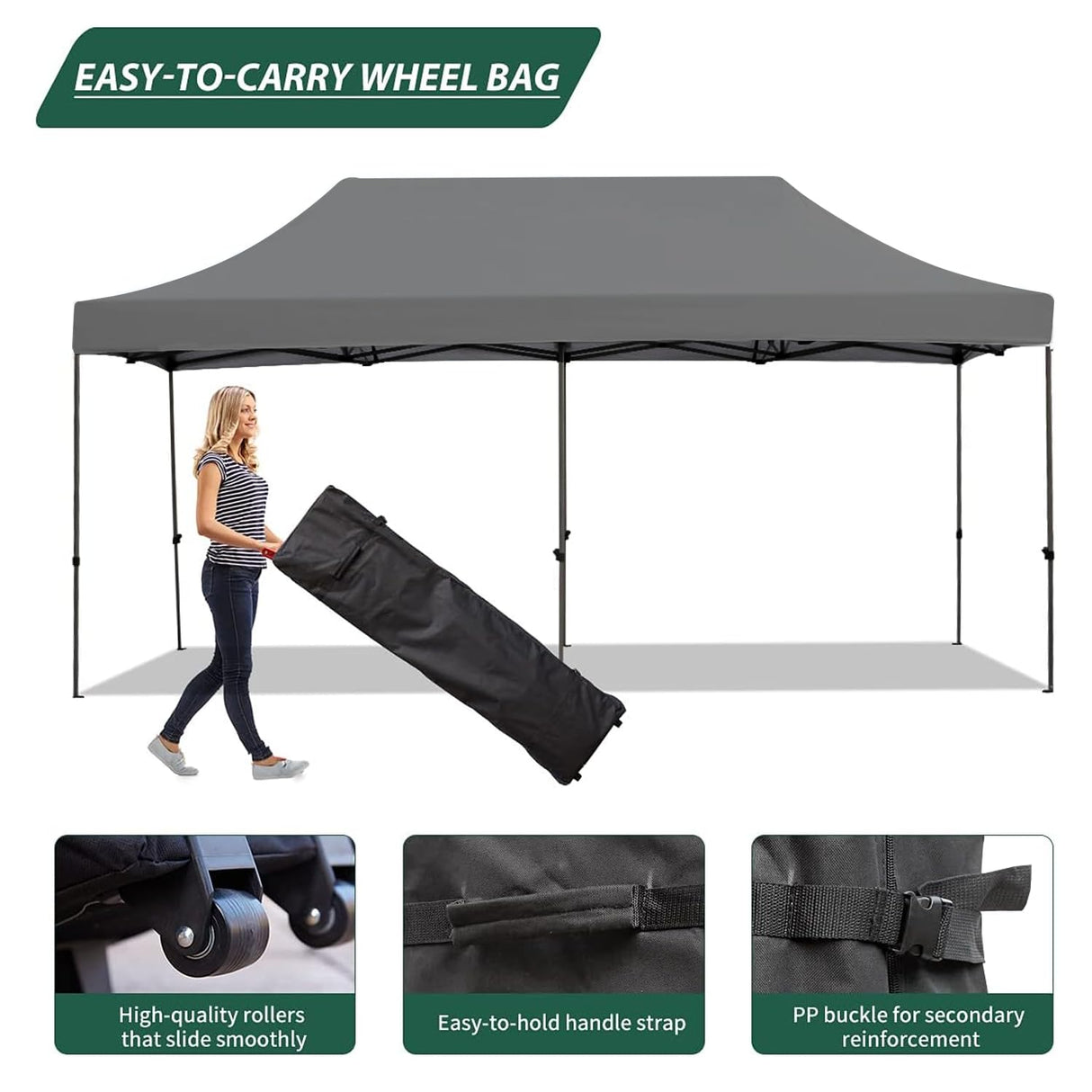 EROMMY 10' x 20' Pop Up Canopy Tent, Commercial Instant Canopy with Roller Bag, 6 Sand Bags, Outdoor Canopies for Festival, Event, Gray EROMMY