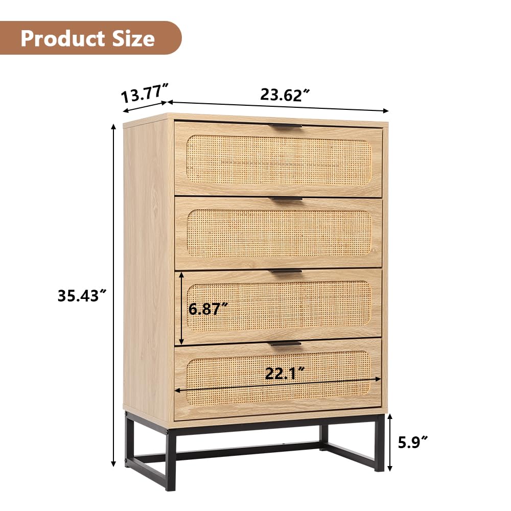 affeivul Mid Century Modern Dresser, 4 Drawer Rattan Dresser for Bedroom Wood, Boho Wooden Rattan Storage Cabinet Side Table with Solid Metal Legs, Tall Skinny Dresser for Closet (Natural) affeivul