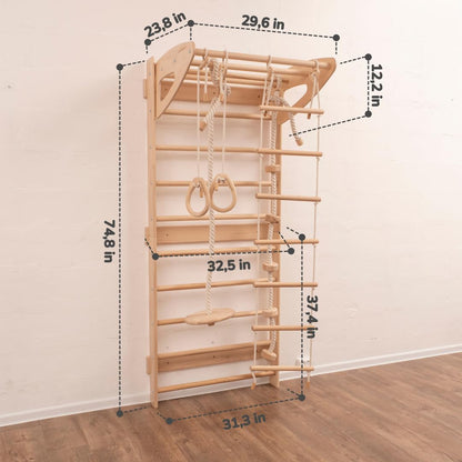 Woodandhearts Swedish Ladder for Kids with Rope Accessories - Indoor Jungle Gym, Indoor Jungle Gym for Kids Ages 6-16, Indoor Climbing Gym, Climbing Wall for Kids (Natural Wood, All Accessories)