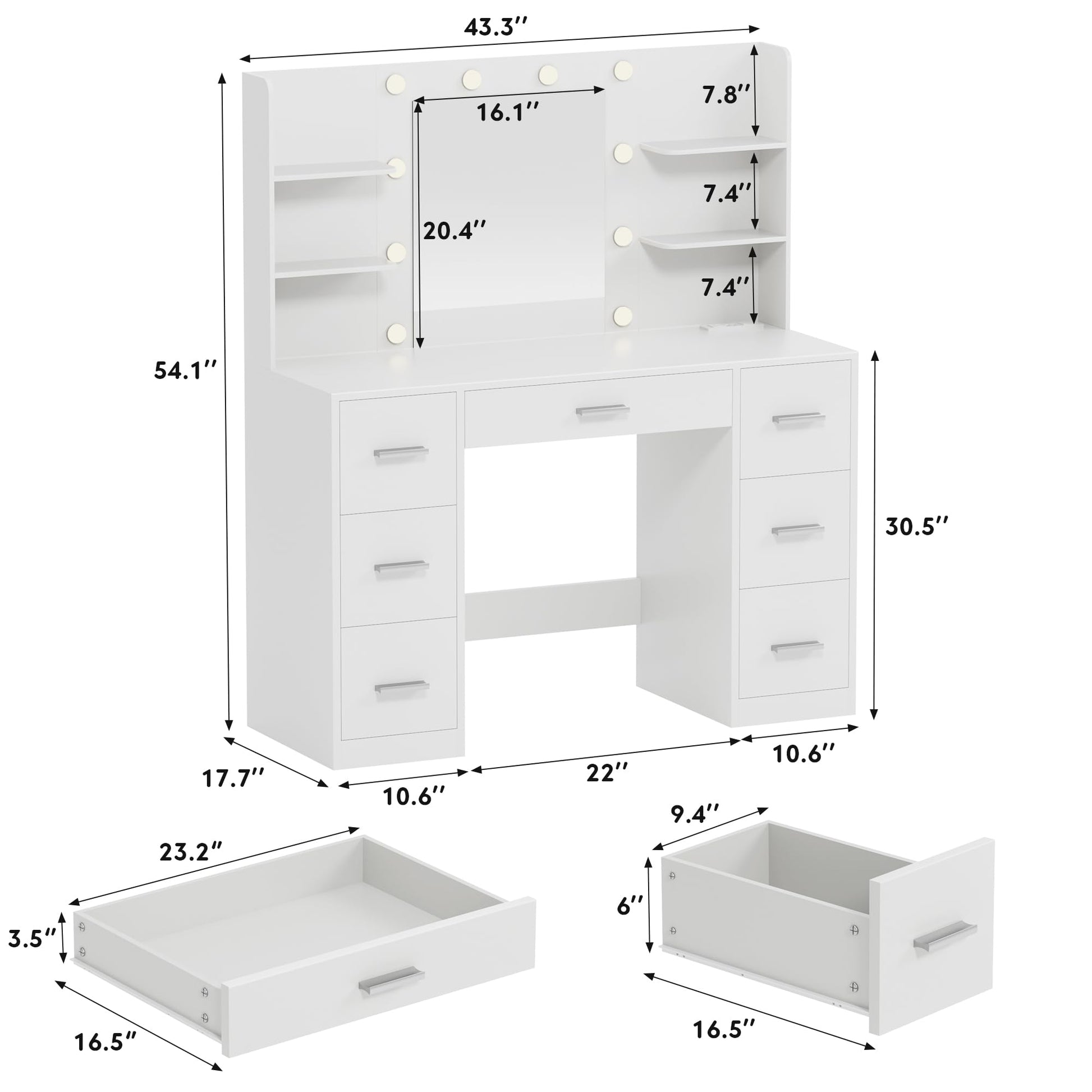 VICTONE Vanity Desk with LED Lighted Mirror&Power Outlet, 3 Model Lights Makeup Vanity Table with 7 Drawers and 6 Storage Shelves for Bedroom and Dressing Room (White) - WoodArtSupply