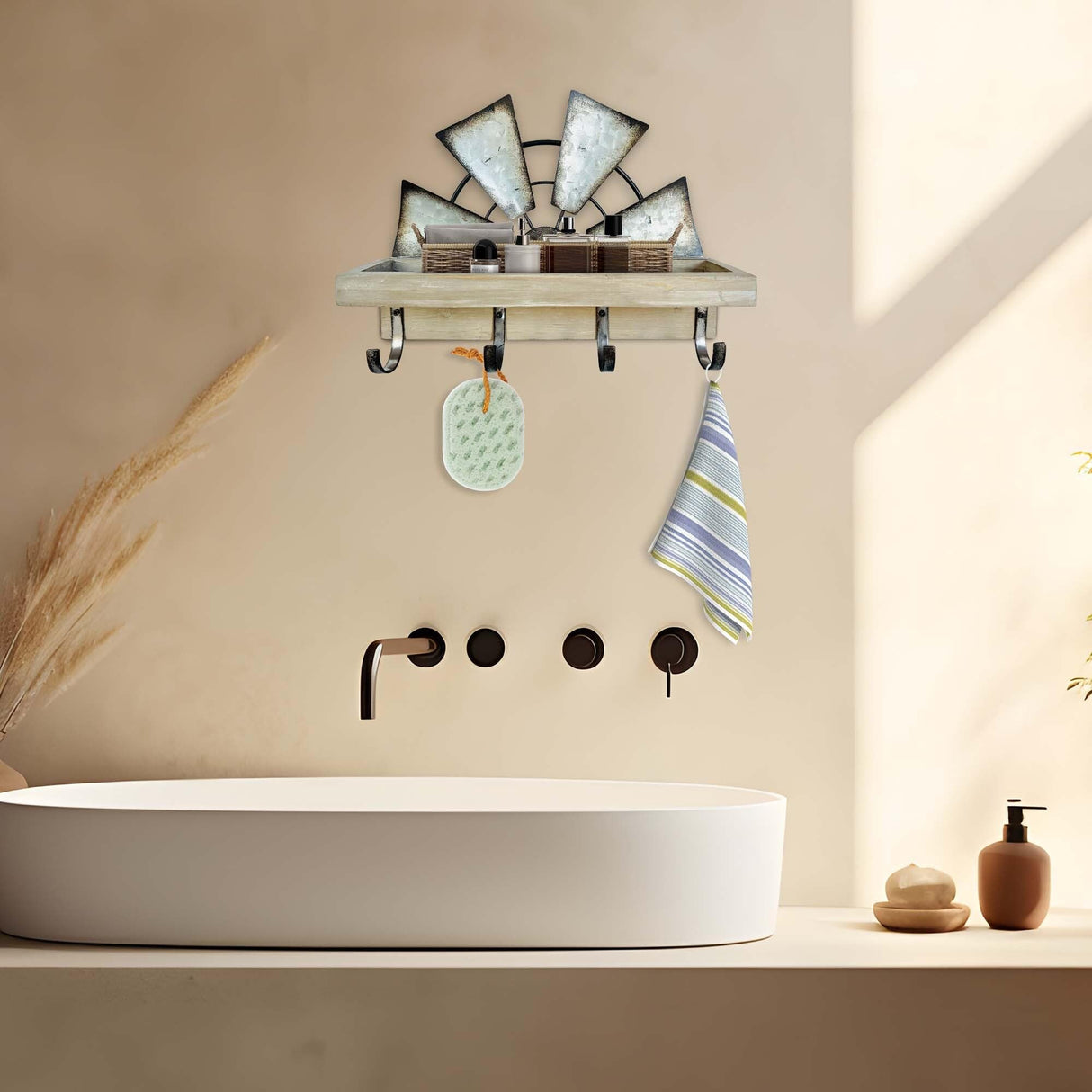 Rooty Heart Windmill Key Holder for Wall Mount, Key and Mail Holder for Wall with Key Shelf, Keys Holder on Wall, Farmhouse Decor Rooty Heart