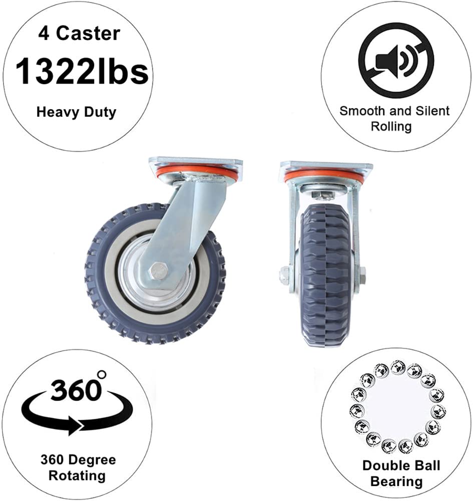 Chrov 6 Inch Heavy Duty Plate Casters Wheels Set of 4 Swivel Casters 1322lbs Smooth Silent 360 Degree Rotation Ball Bearing (2 with Brake Lock, 2 Without Brake) Chrov