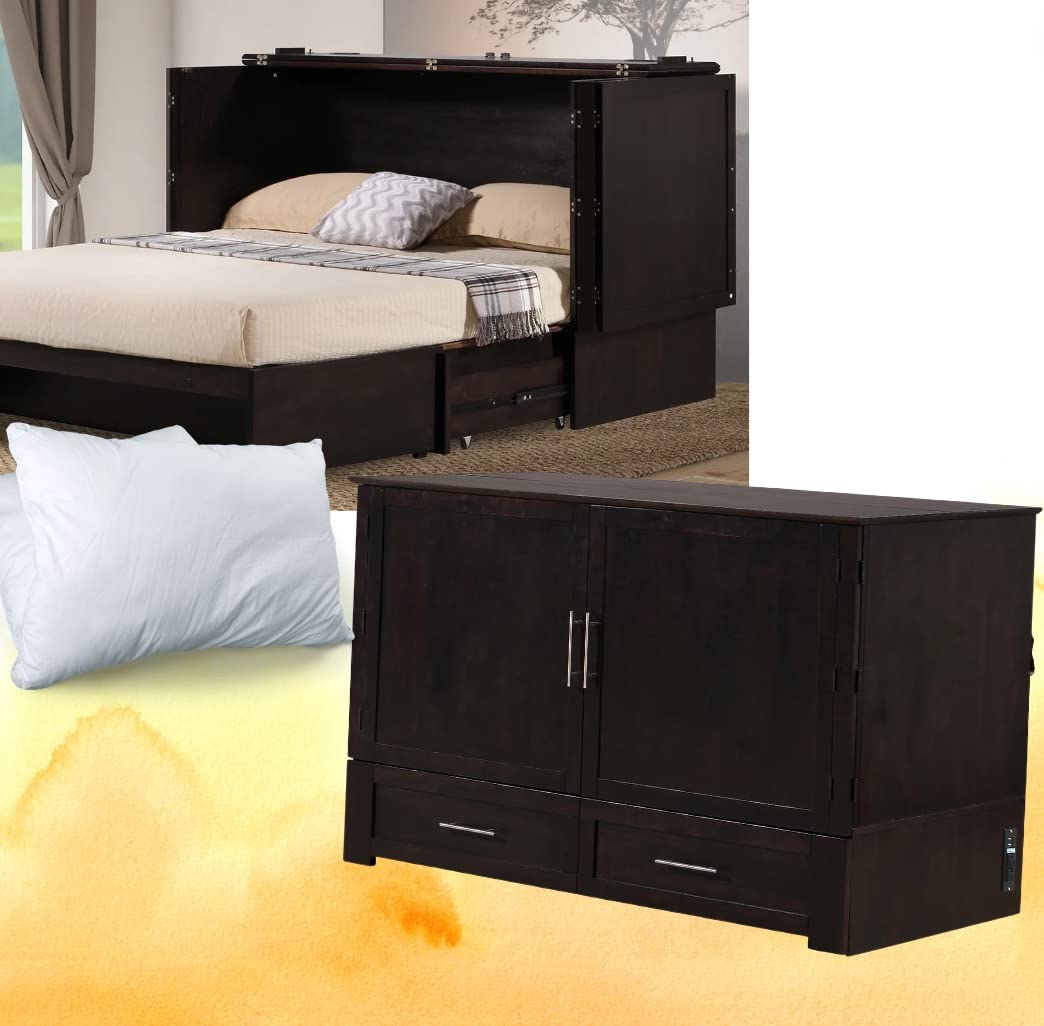 Emurphybed Daily Delight Murphy Cabinet Chest Bed with Charging Station & 6" Memory Foam Mattress, Queen (Java) Emurphybed